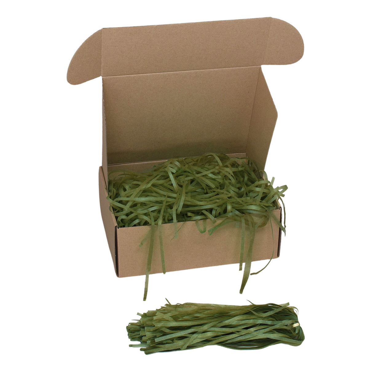 Oliven tissue paper shred filler shown in a brown box