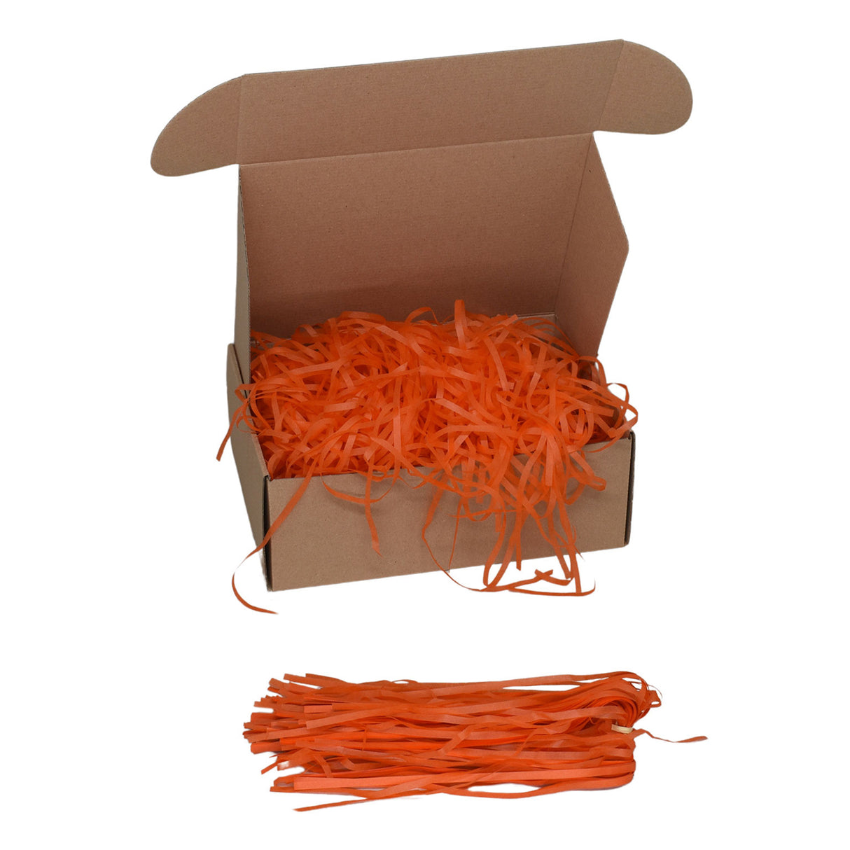 Orange tissue paper shred filler shown in a brown box