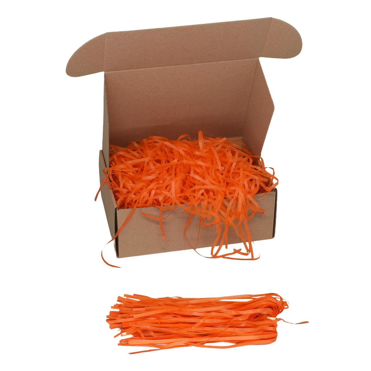 Orange tissue paper shred filler shown in a brown box