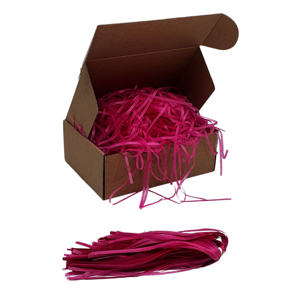 Passion Pink tissue paper shred filler shown in a brown box