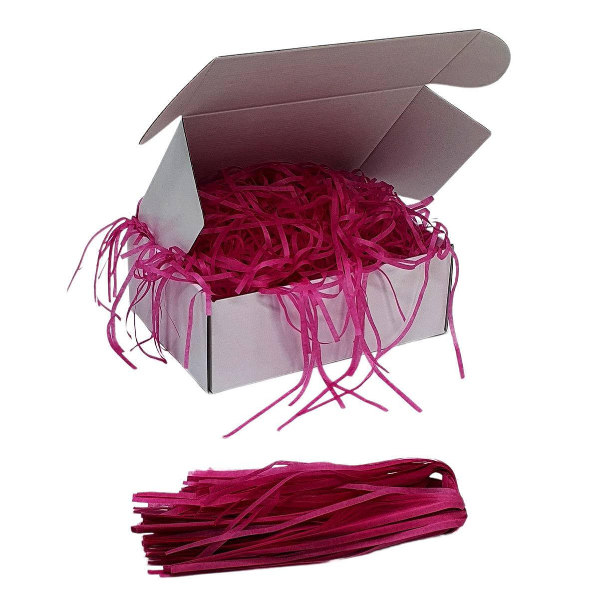 Passion Pink tissue shred filler displayed in a white gift box