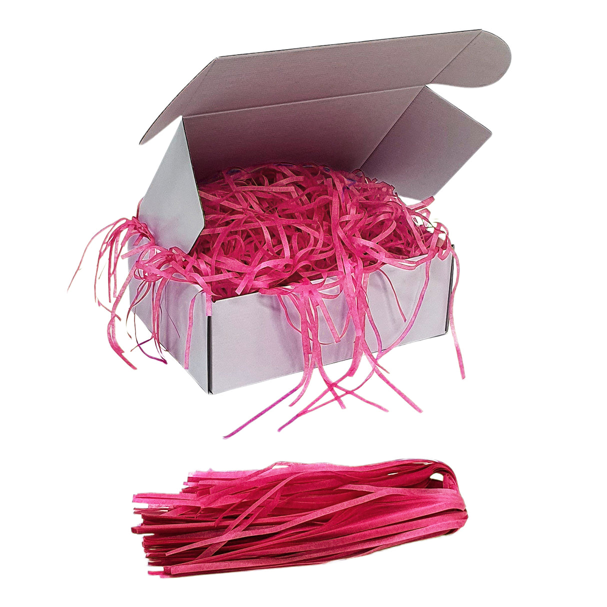 Passion Pink tissue shred filler displayed in a white gift box