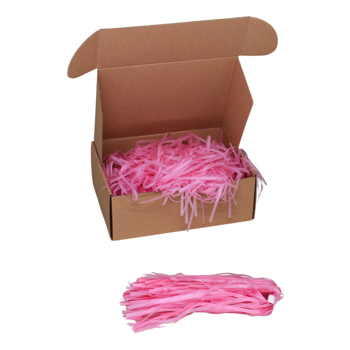 Pastell Pink tissue paper shred filler shown in a brown box