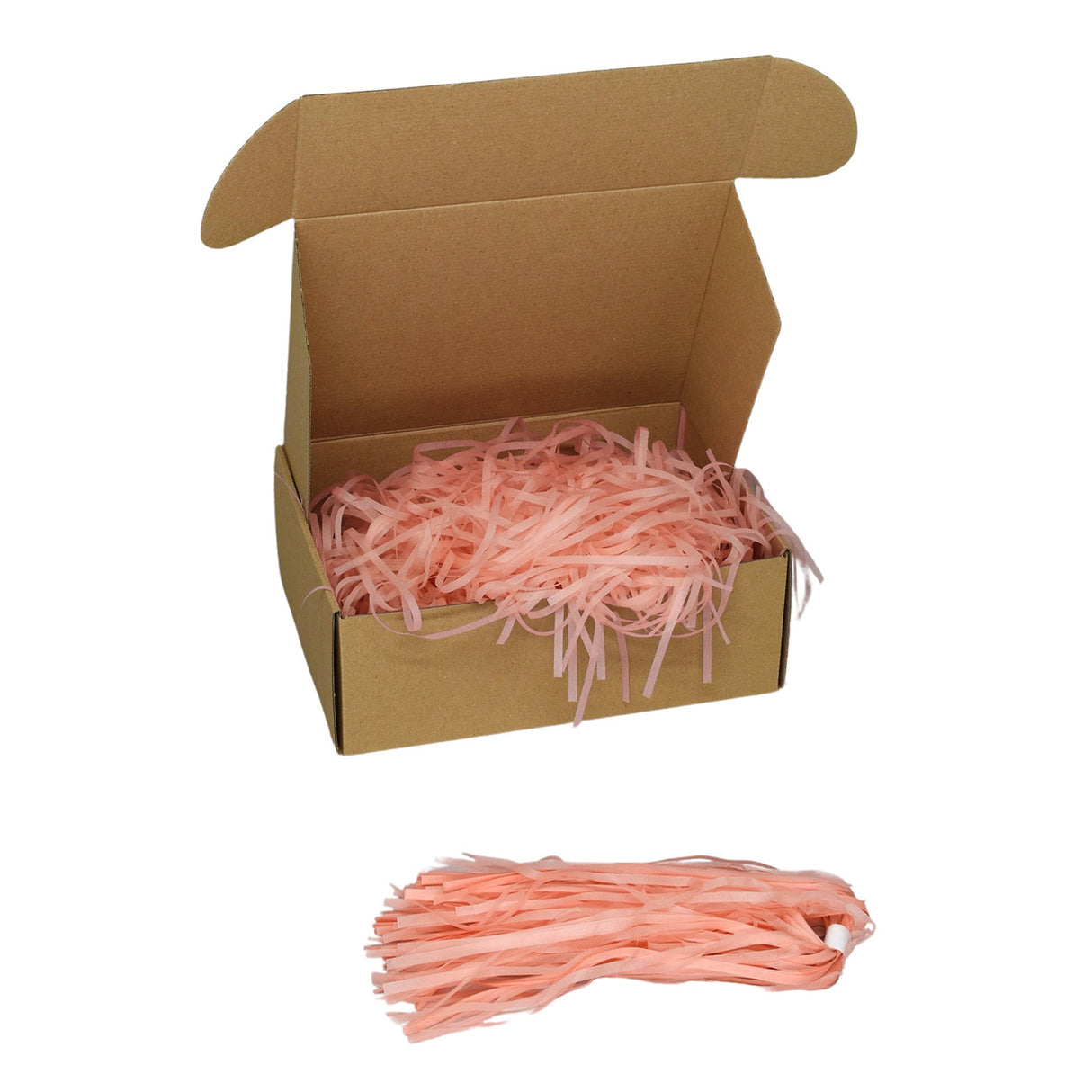 Peach tissue paper shred filler shown in a brown box