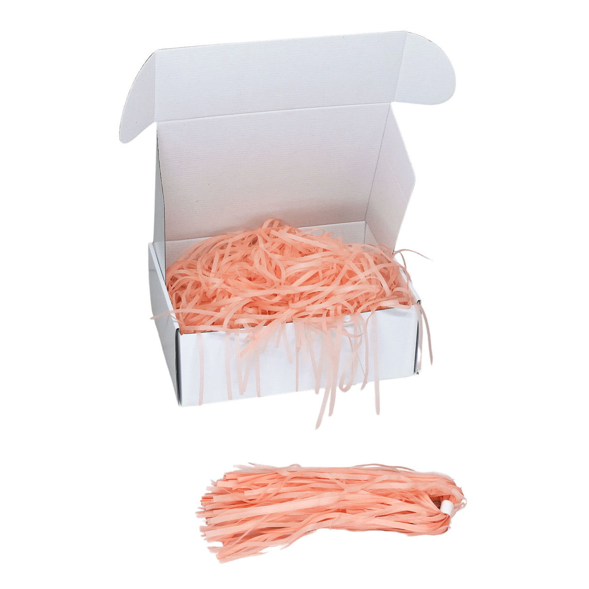 Peach tissue shred filler displayed in a white gift box