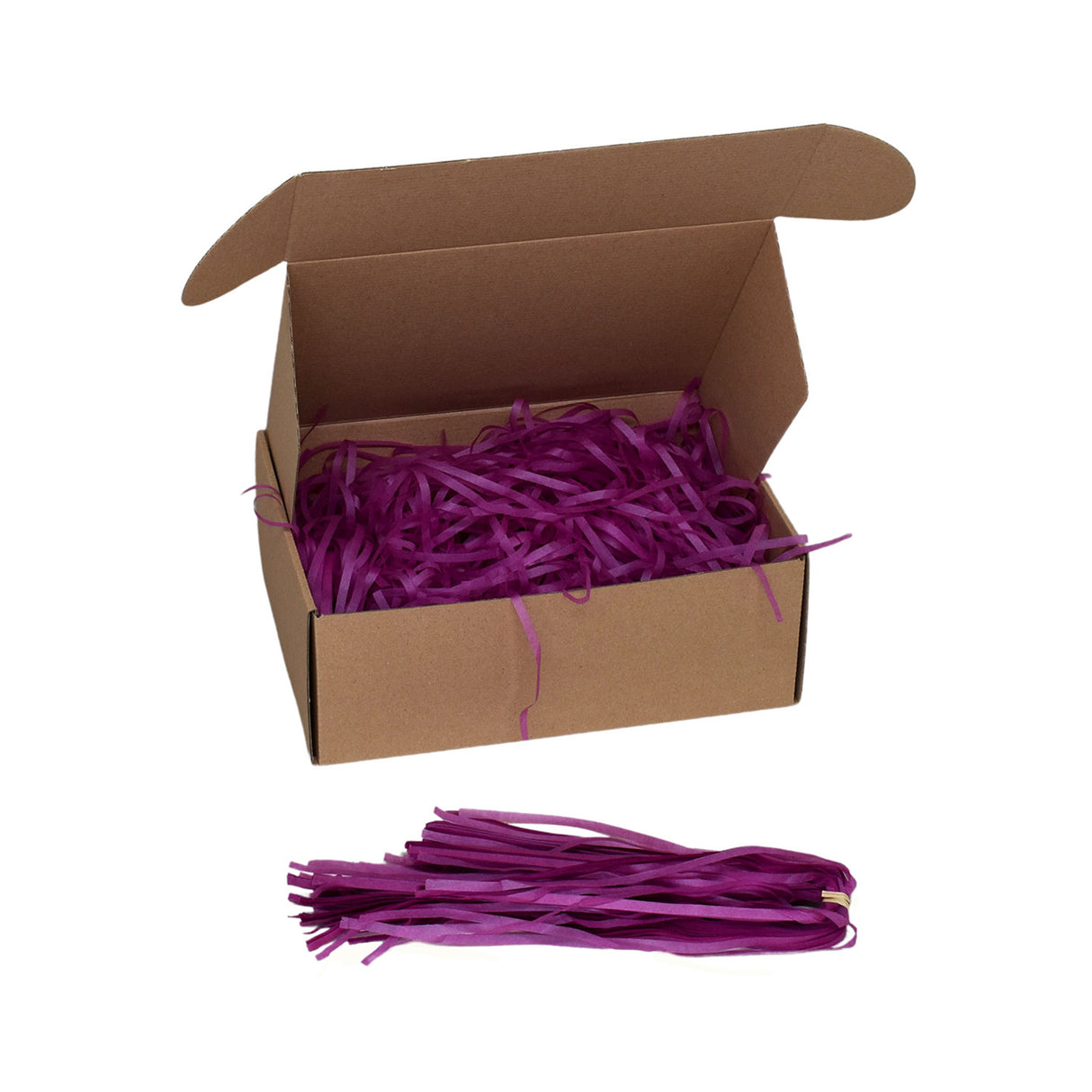 Plum tissue paper shred filler shown in a brown box