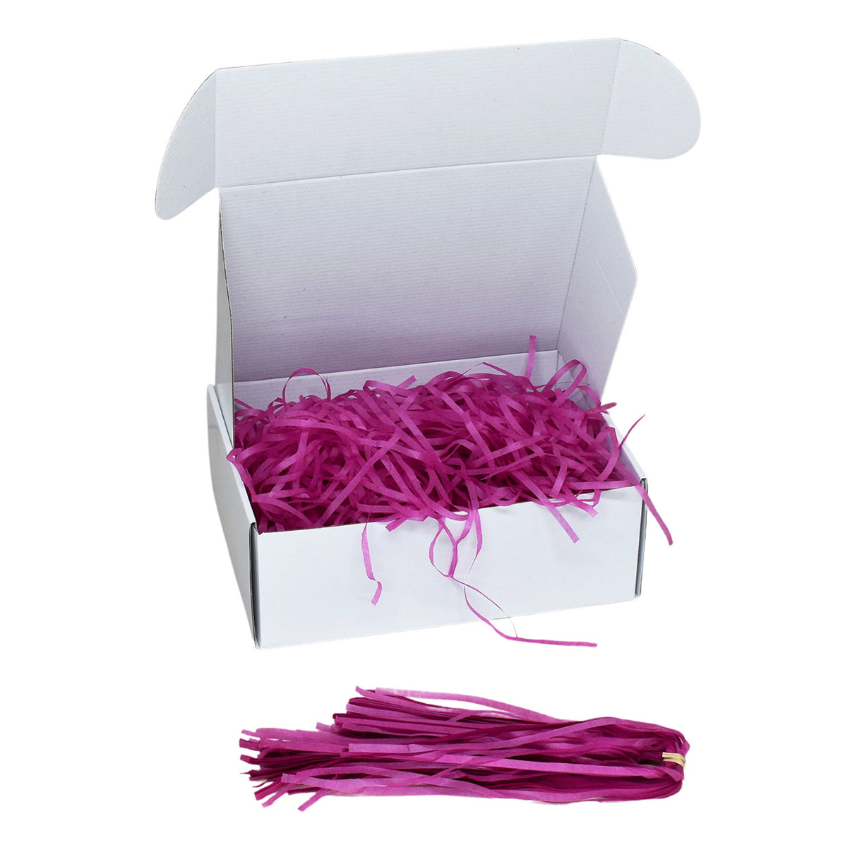 Plum tissue shred filler displayed in a white gift box