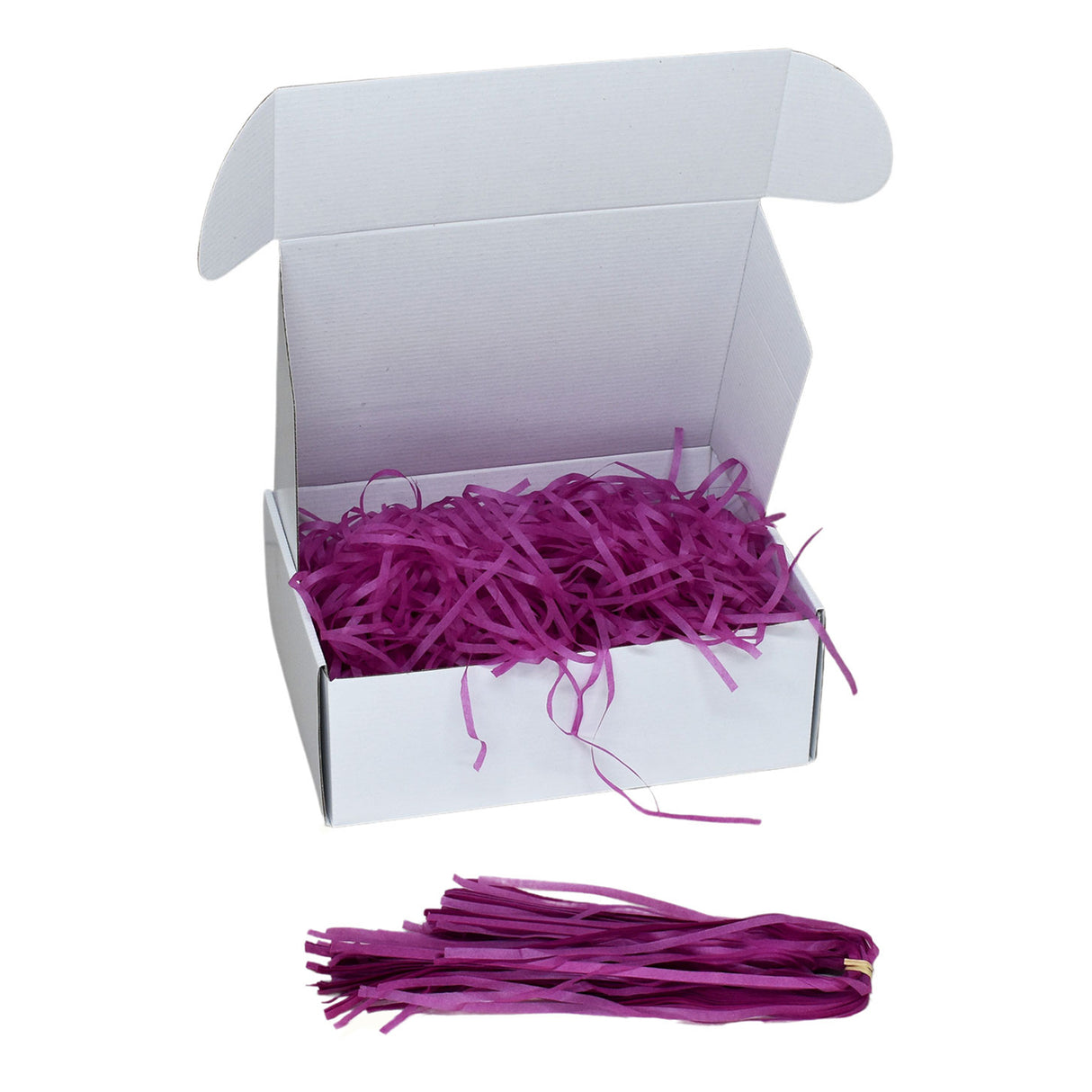 Plum tissue shred filler displayed in a white gift box