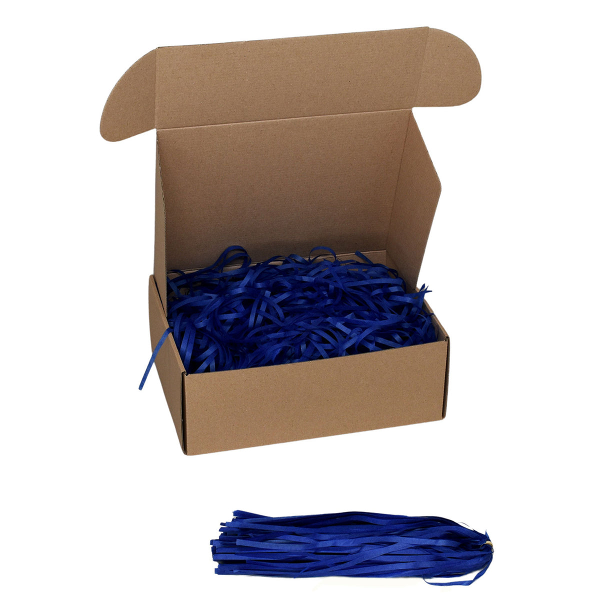 Royal Blue tissue paper shred filler shown in a brown box