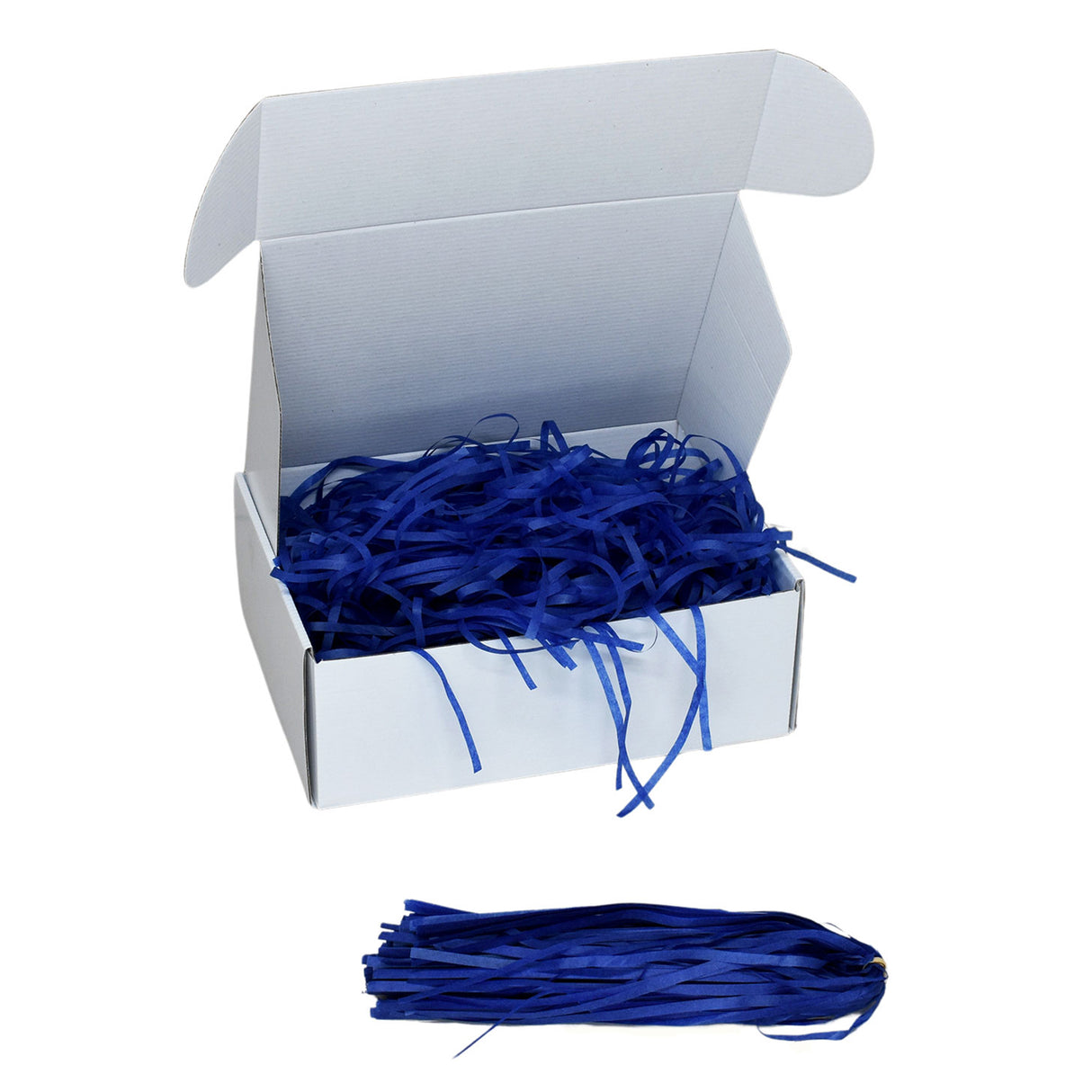 Royal Blue tissue shred filler displayed in a white gift box