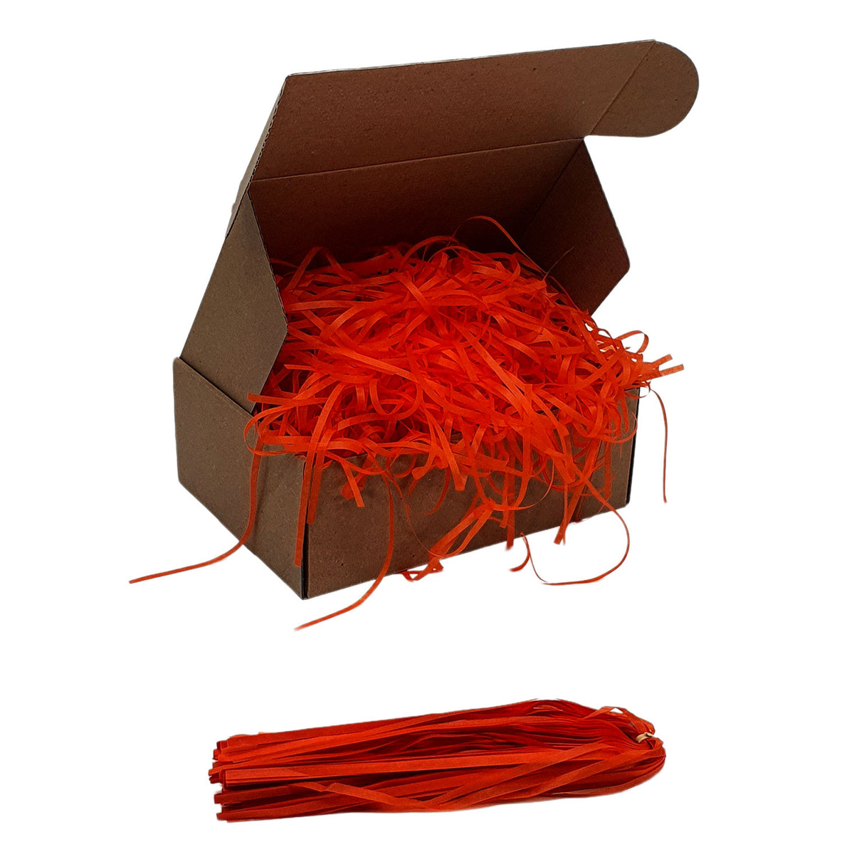 Scarlet Red tissue paper shred filler shown in a brown box