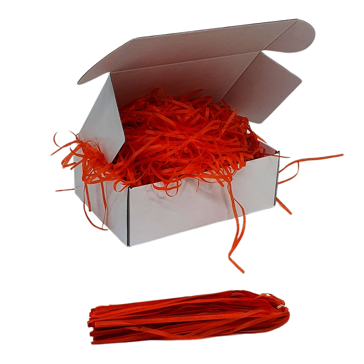 Scarlet Red tissue shred filler displayed in a white gift box