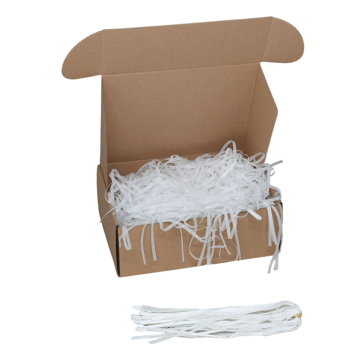 Snow White tissue paper shred filler shown in a brown box