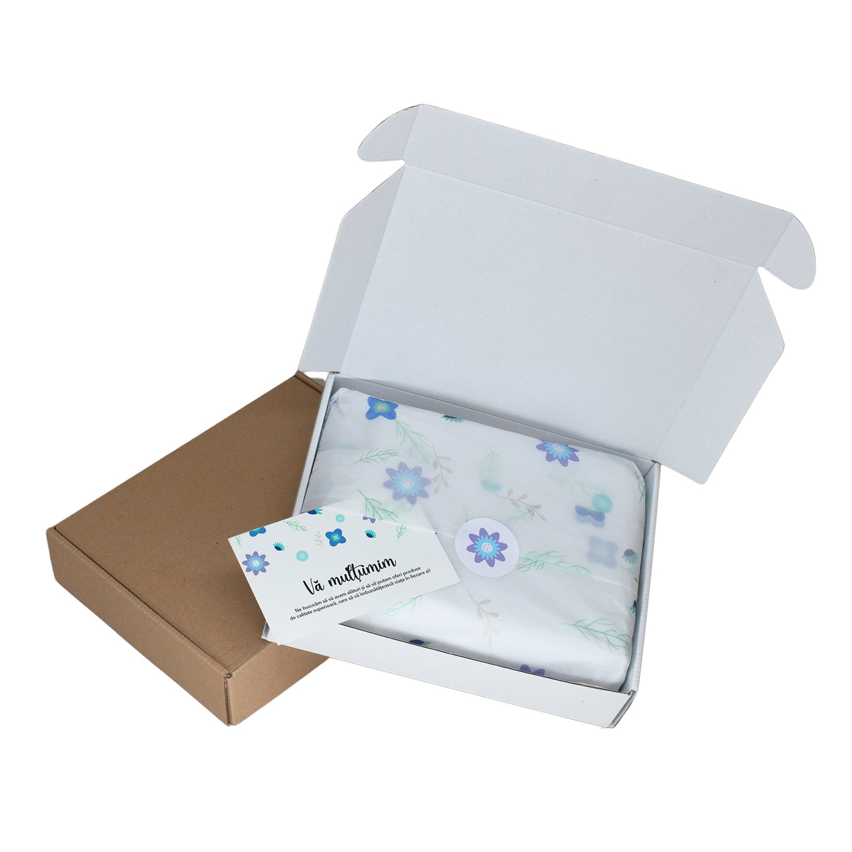 Tissue paper Blue Meadow, in shipping box with sticker and thank you card, 17gsm – size 50x75cm