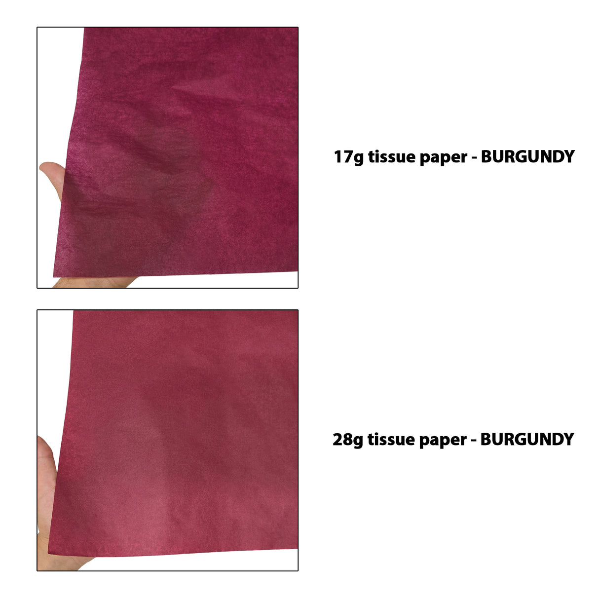 Plain tissue paper burgundy, 17gsm vs 28gsm transparency comparison, size 50x75cm