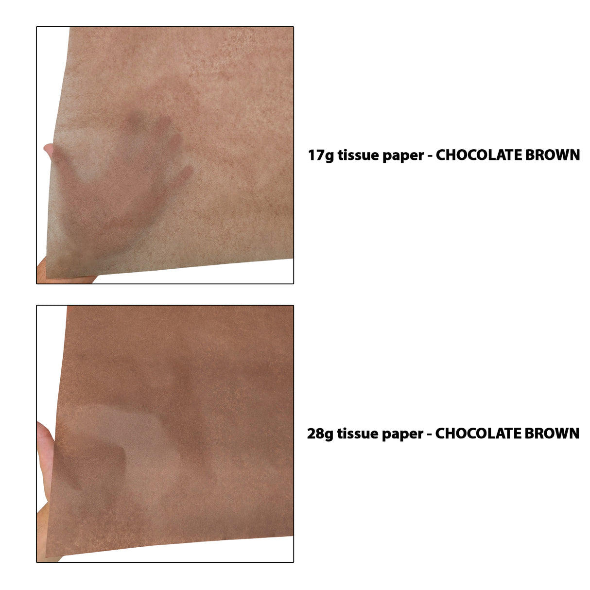 Plain tissue paper brown , 17gsm vs 28gsm transparency comparison, size 50x75cm