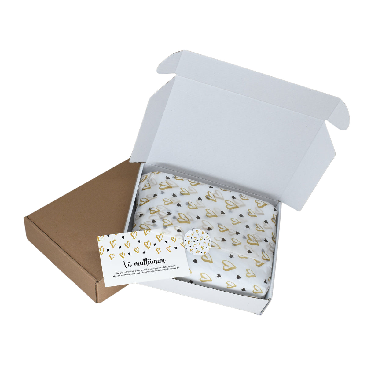 Tissue paper Golden Hearts, in shipping box with sticker and thank you card, 17gsm – size 50x75cm