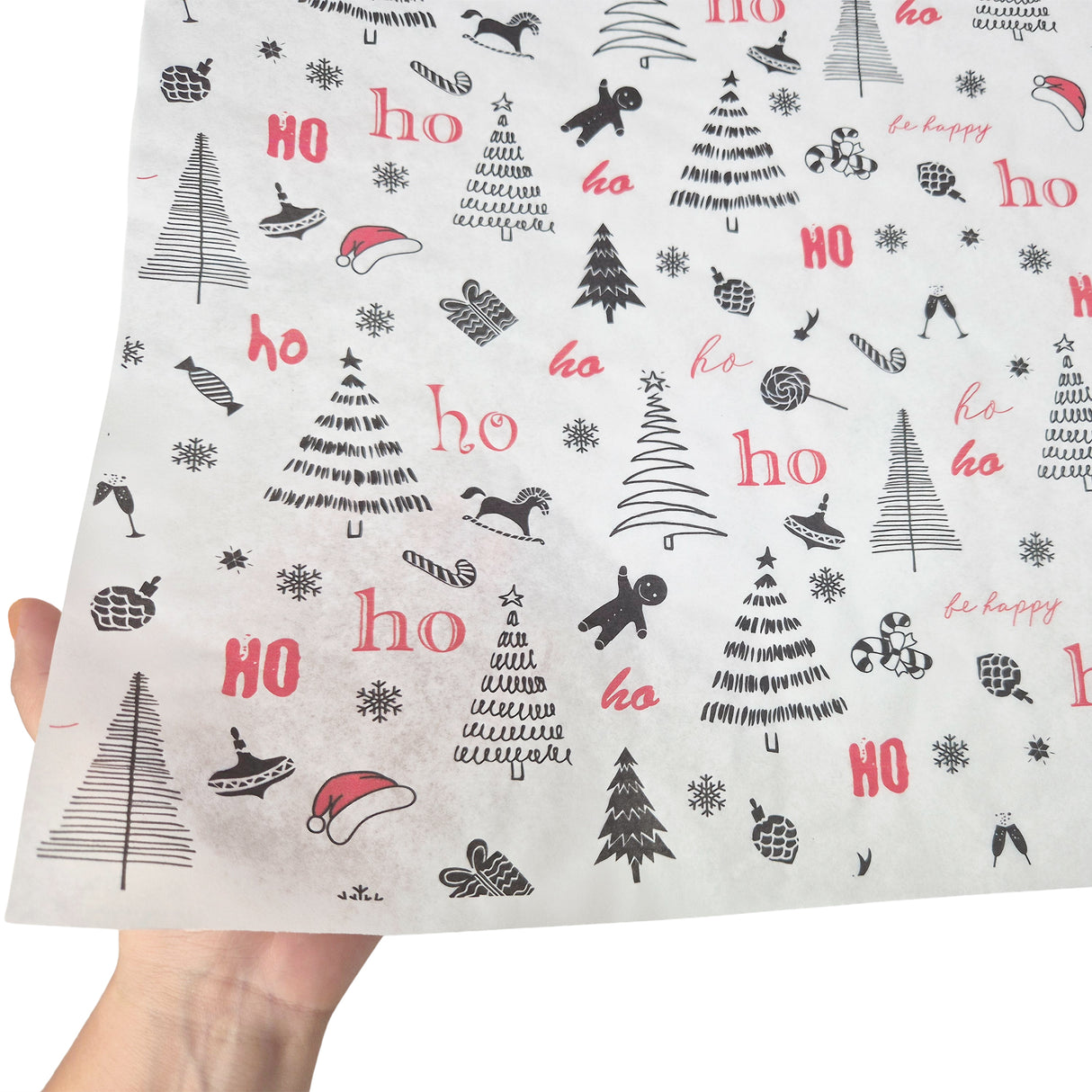 Tissue paper Ho Ho Fun Christmas, texture and transparency, 28gsm – size 50x75cm