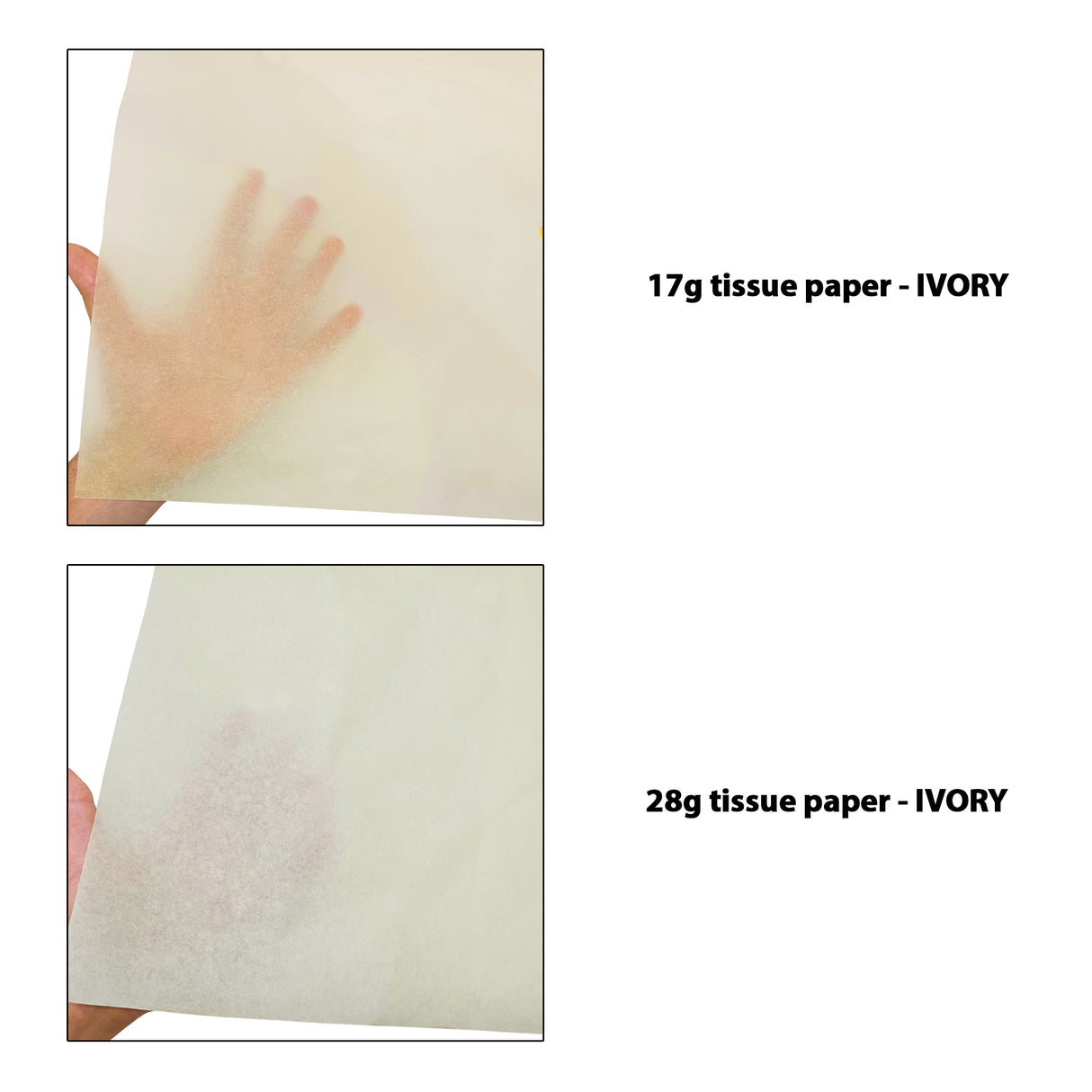 Plain tissue paper ivory, 17gsm vs 28gsm transparency comparison, size 50x75cm