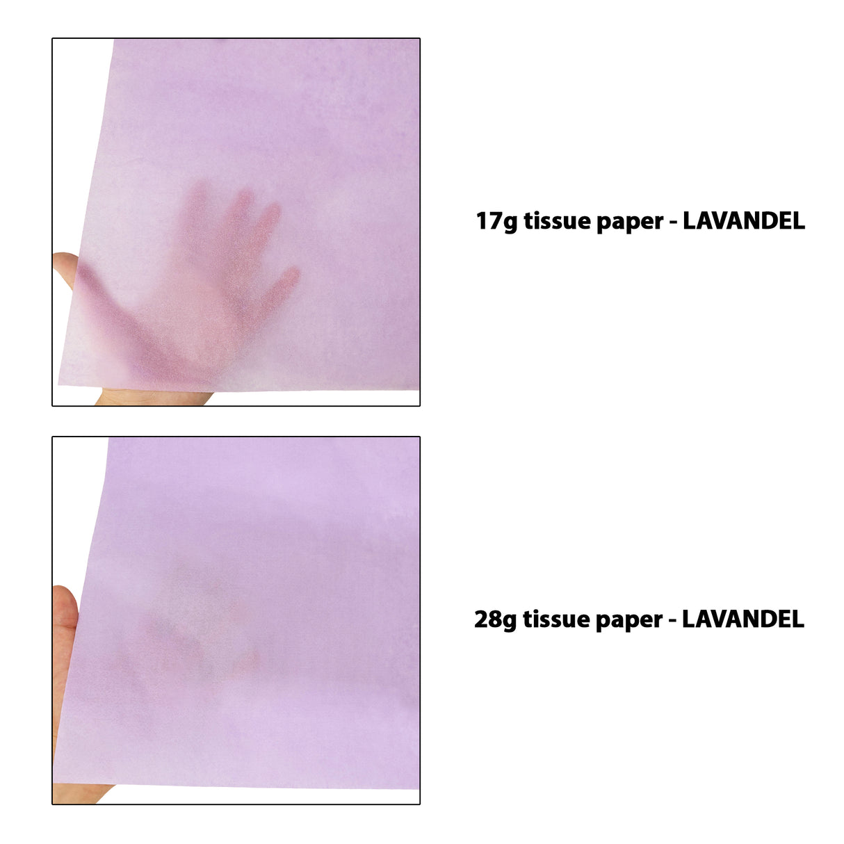 Plain tissue paper lavender, 17gsm vs 28gsm transparency comparison, size 50x75cm