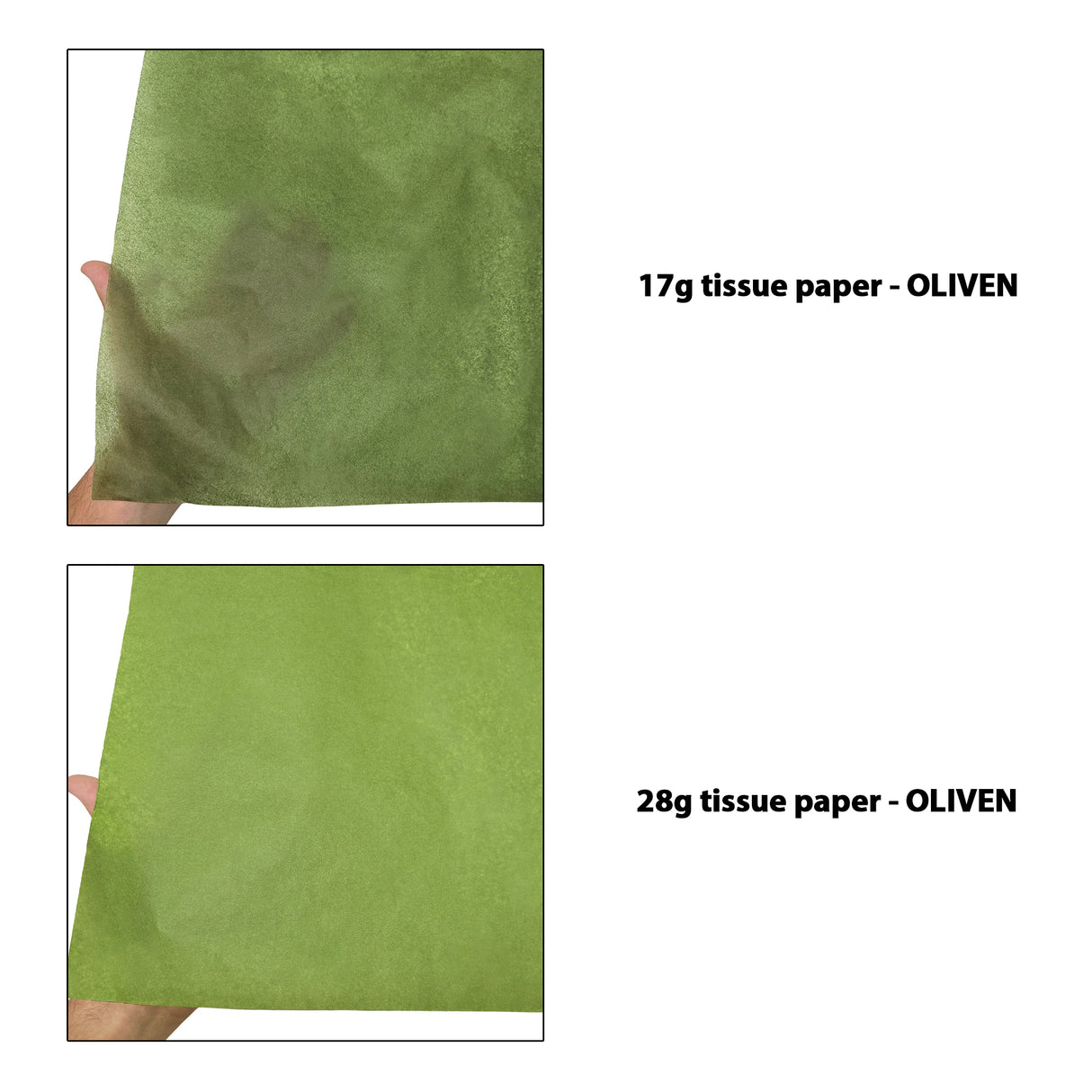 Plain tissue paper olive-green, 17gsm vs 28gsm transparency comparison, size 50x75cm
