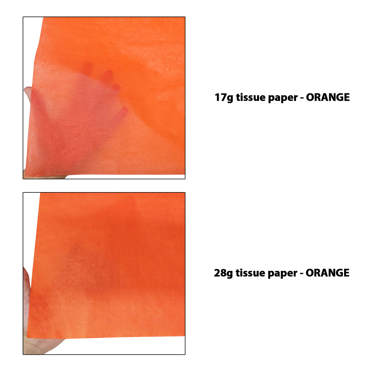 Plain tissue paper orange, 17gsm vs 28gsm transparency comparison, size 50x75cm