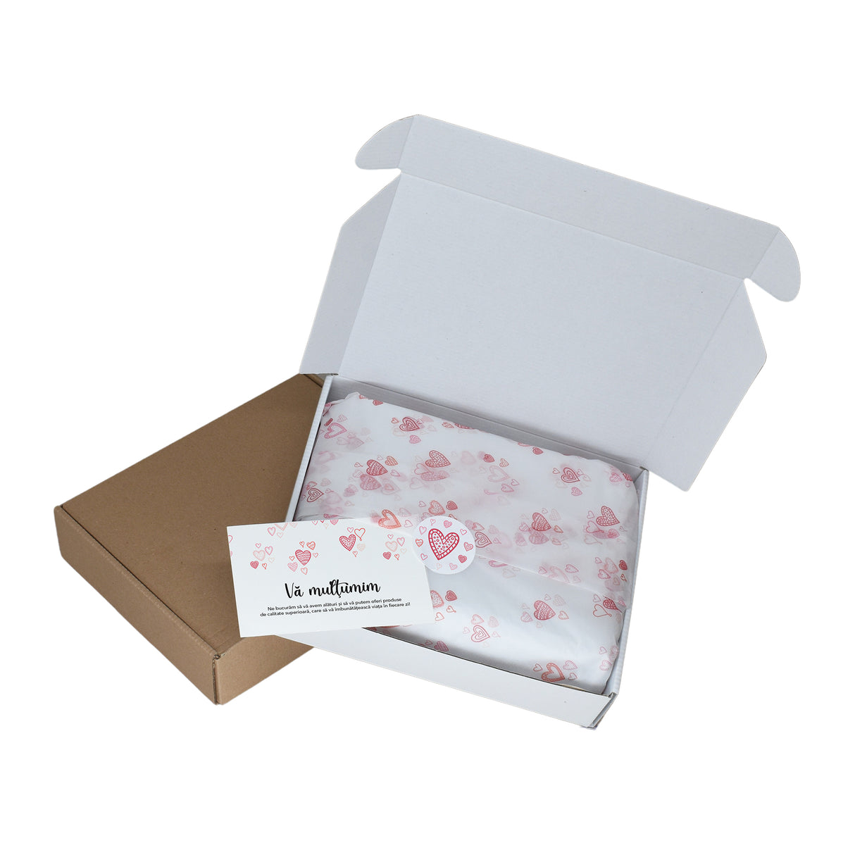 Tissue paper Patchwork Hearts, in shipping box with sticker and thank you card, 17gsm – size 50x75cm