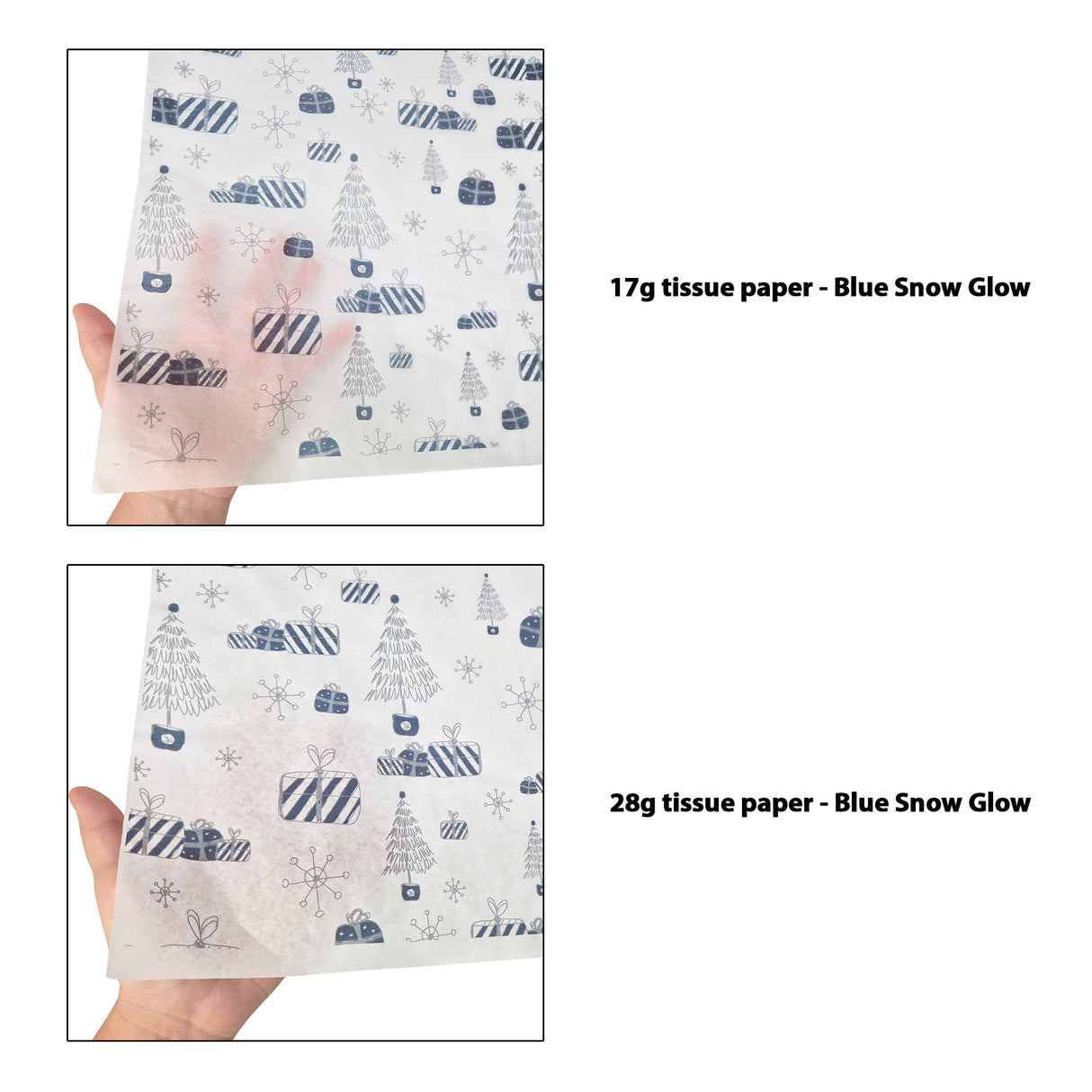 Tissue pattern paper Christmas Blue Snow Glow 17 g/m² vs 28 g/m² transparency comparison, size 50x75cm