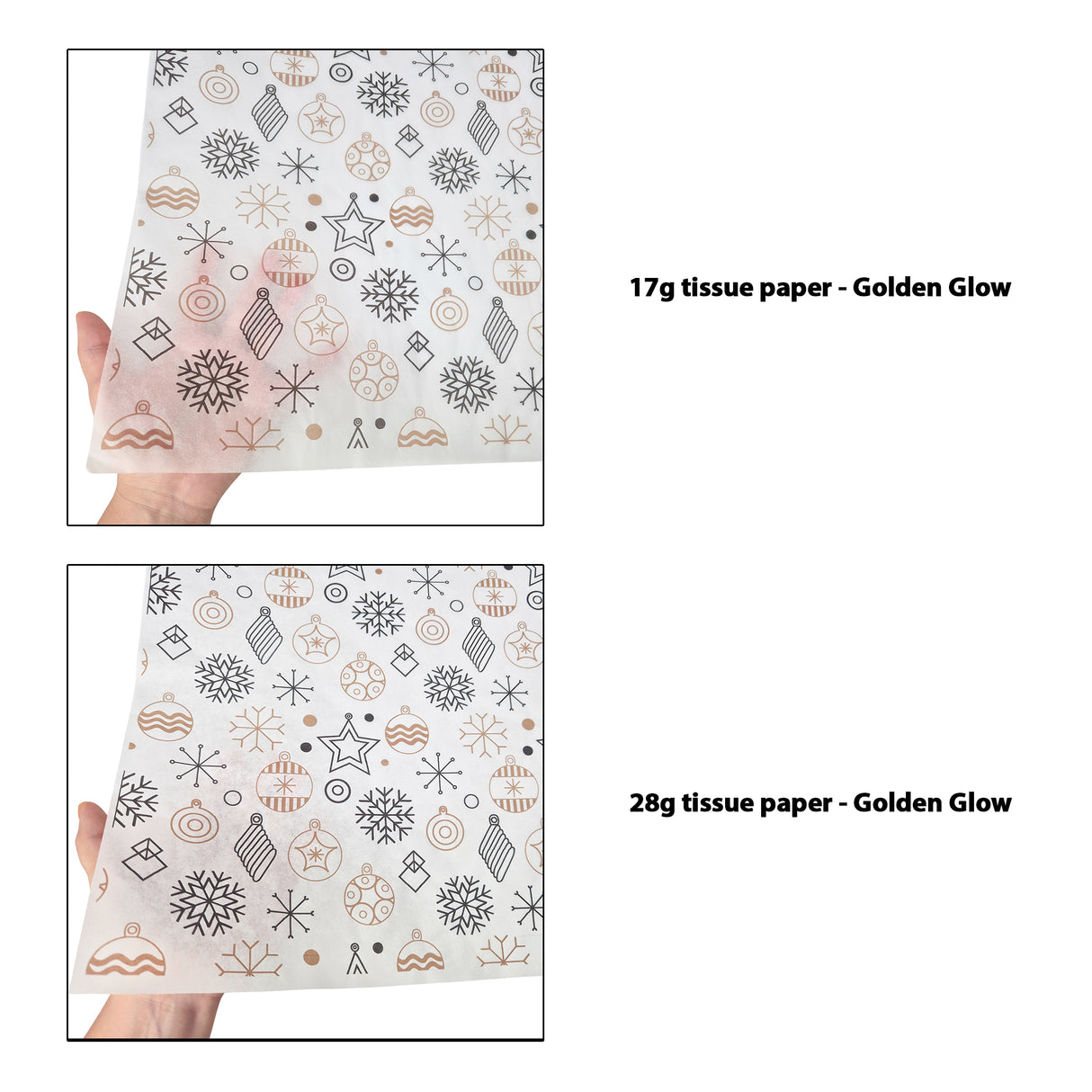Tissue pattern paper Christmas Golden Glow 17 g/m² vs 28 g/m² transparency comparison, size 50x75cm