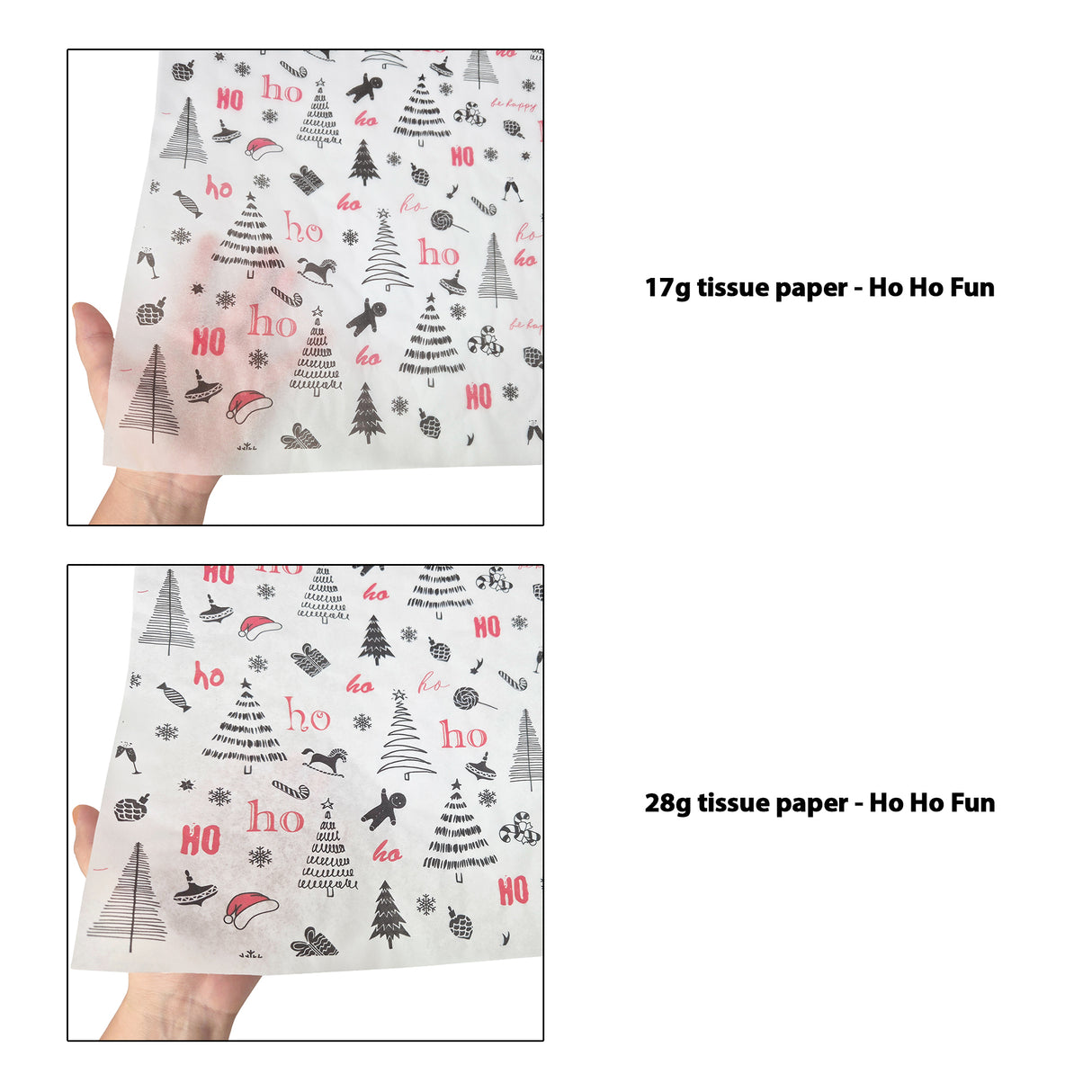 Tissue pattern paper Christmas Ho Ho Fun 17 g/m² vs 28 g/m² transparency comparison, size 50x75cm