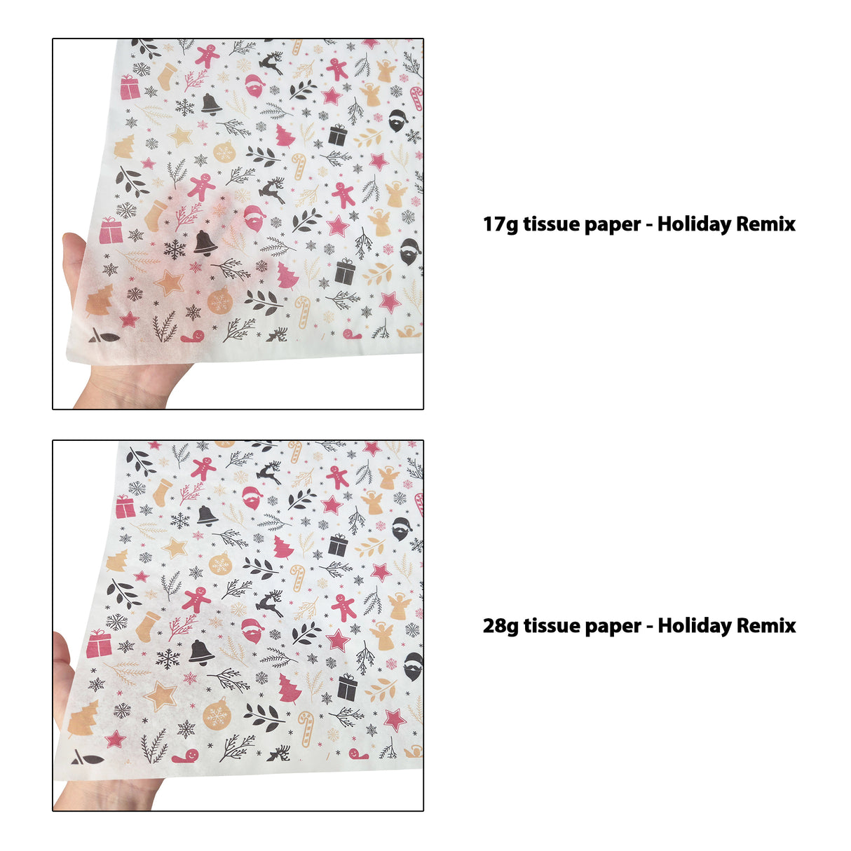 Tissue pattern paper Christmas Holiday Remix 17 g/m² vs 28 g/m² transparency comparison, size 50x75cm