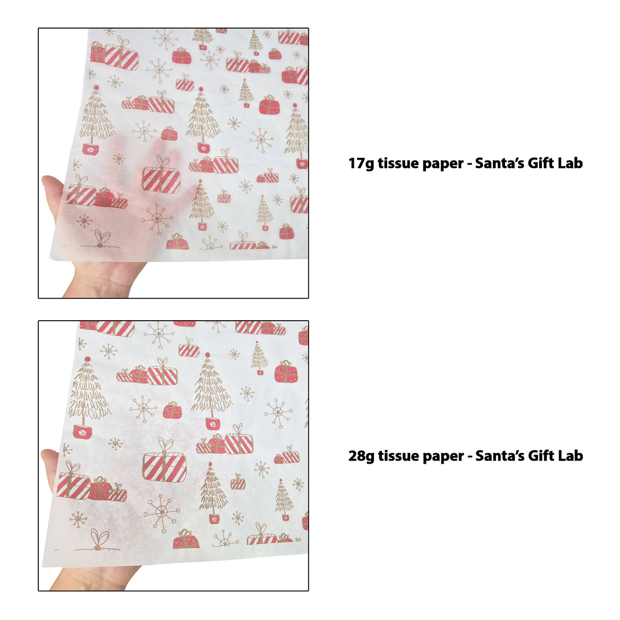 Tissue pattern paper Christmas Santa’s Gift Lab 17 g/m² vs 28 g/m² transparency comparison, size 50x75cm