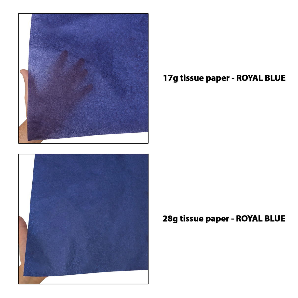 Plain tissue paper royal blue, 17gsm vs 28gsm transparency comparison, size 50x75cm