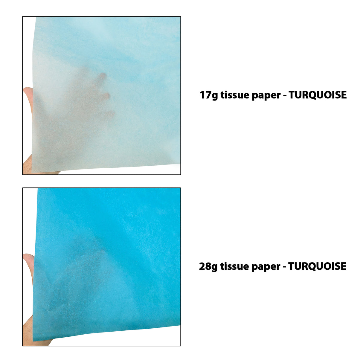 Plain tissue paper turquoise, 17gsm vs 28gsm transparency comparison, size 50x75cm
