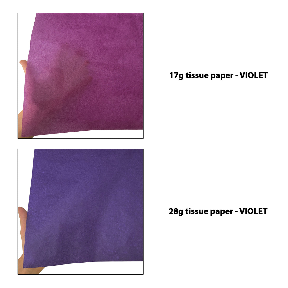 Plain tissue paper violet, 17gsm vs 28gsm transparency comparison, size 50x75cm