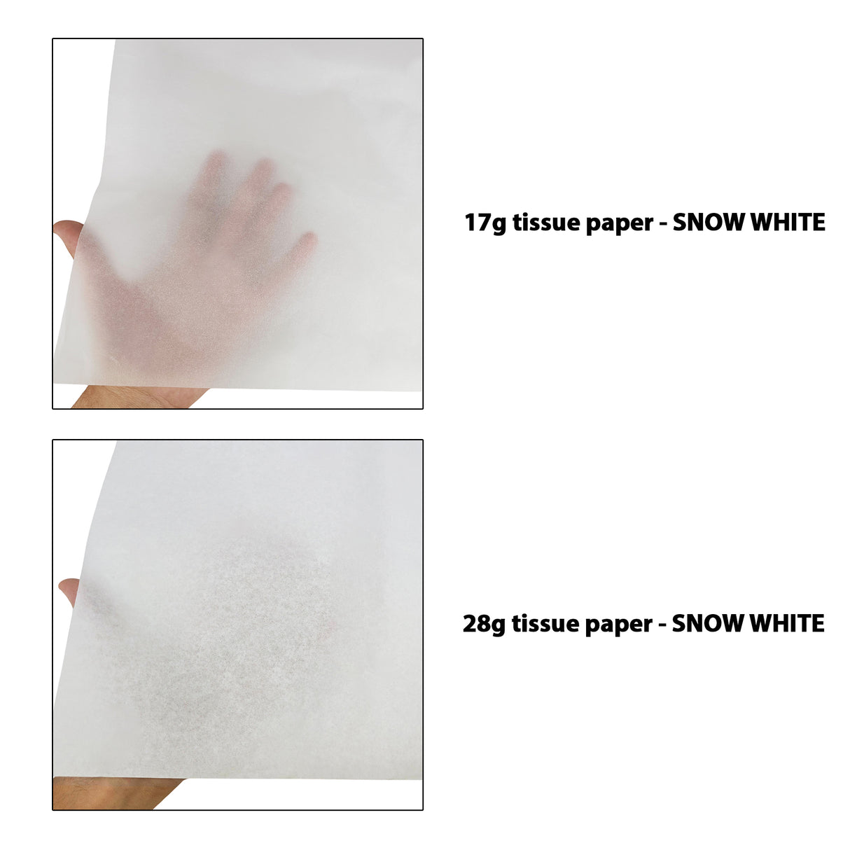 Plain tissue paper white, 17gsm vs 28gsm transparency comparison, size 50x75cm
