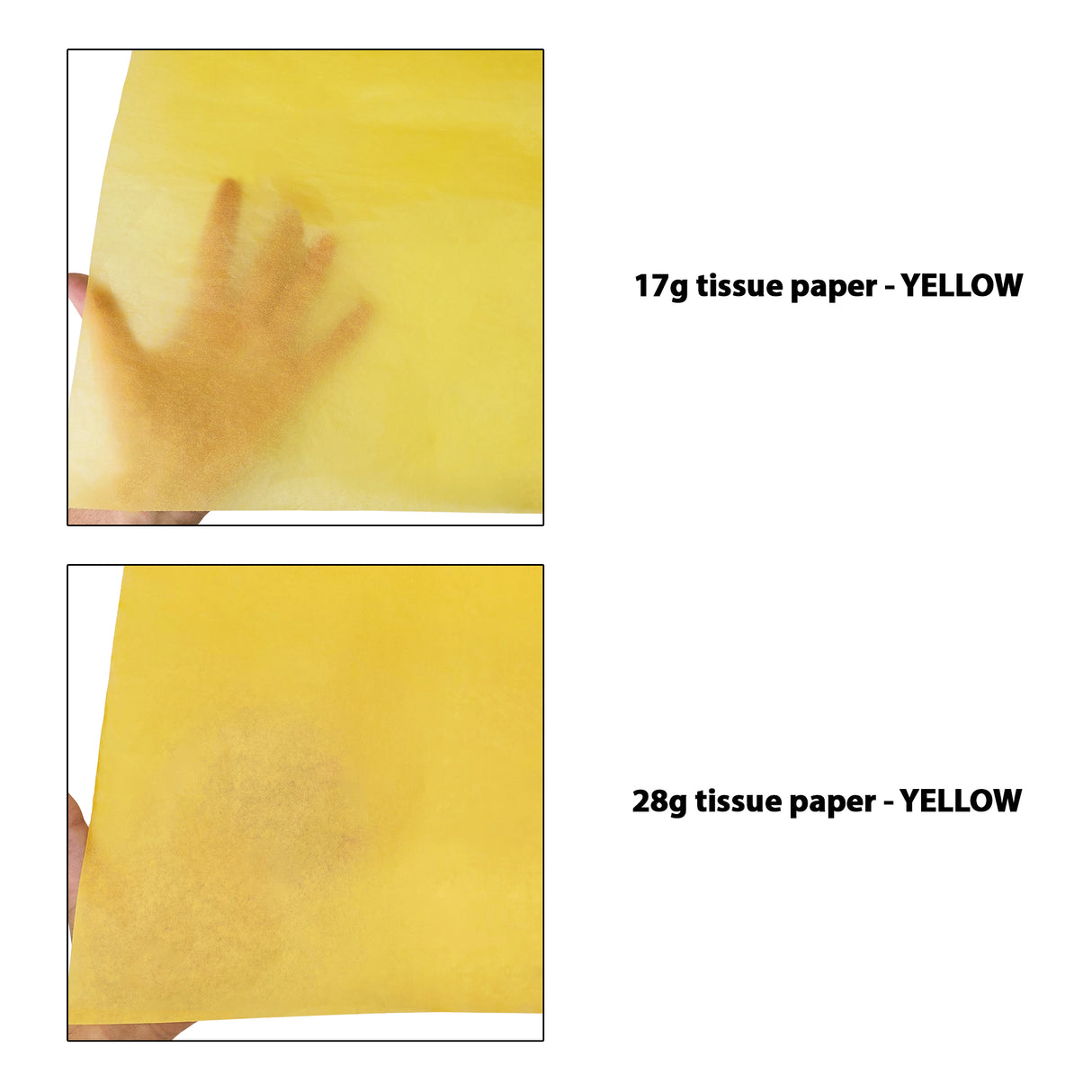 Plain tissue paper yellow, 17gsm vs 28gsm transparency comparison, size 50x75cm
