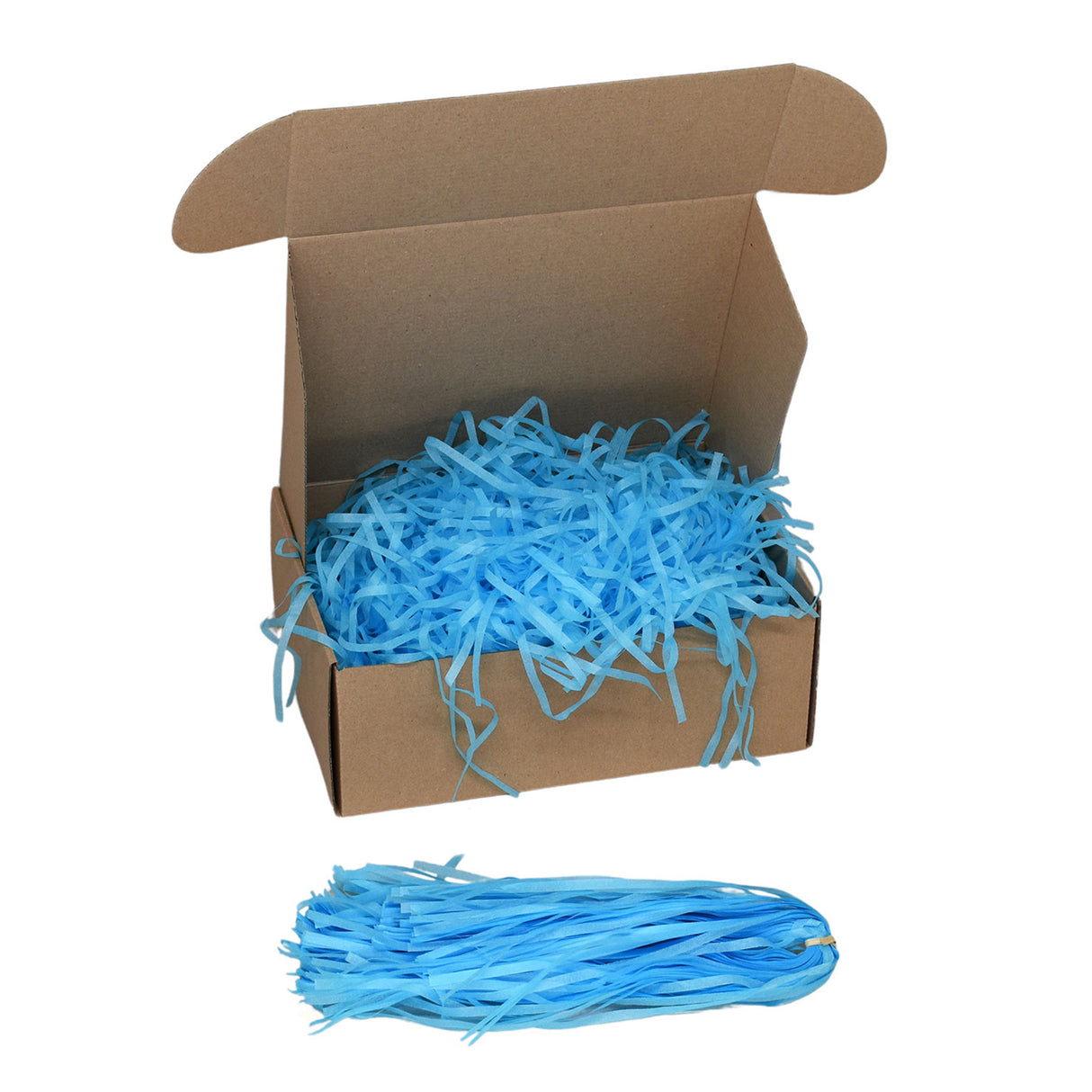 Turquoise tissue paper shred filler shown in a brown box