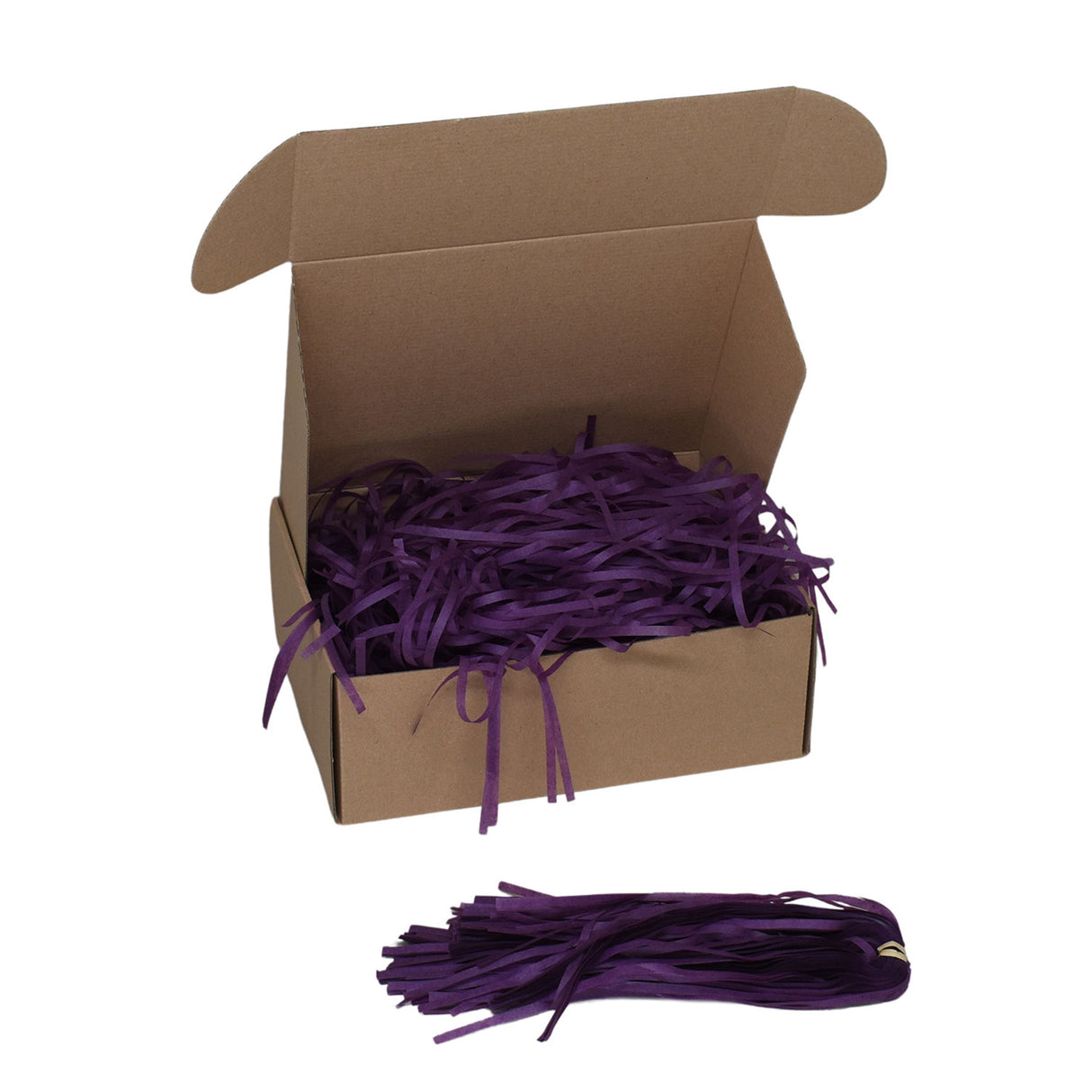 Violet tissue paper shred filler shown in a brown box
