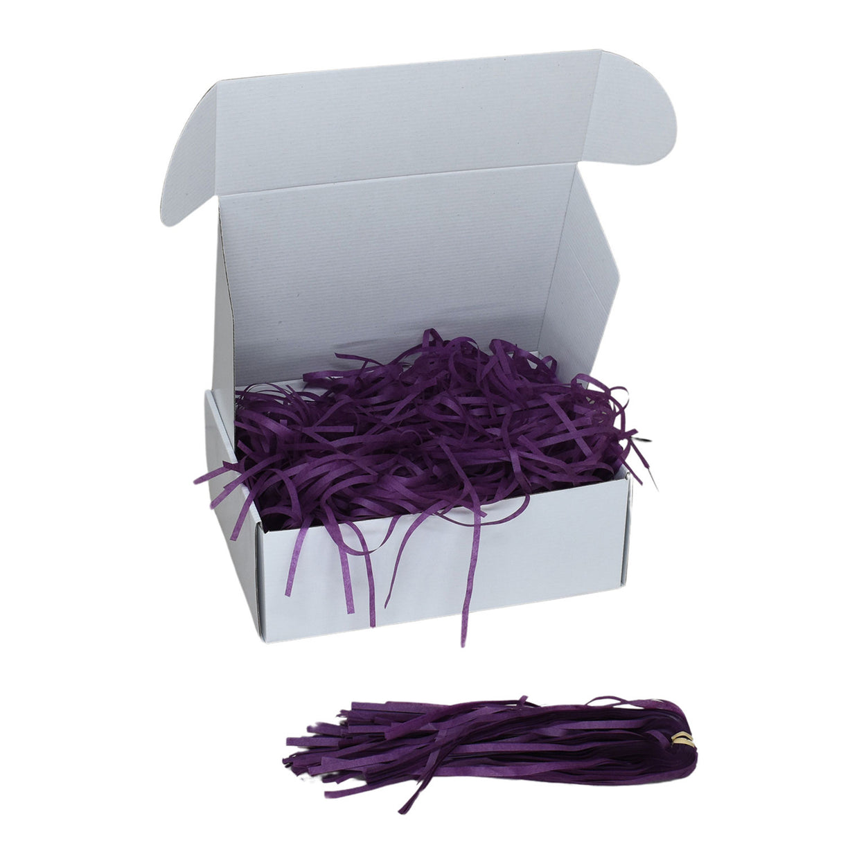 Violet tissue shred filler displayed in a white gift box