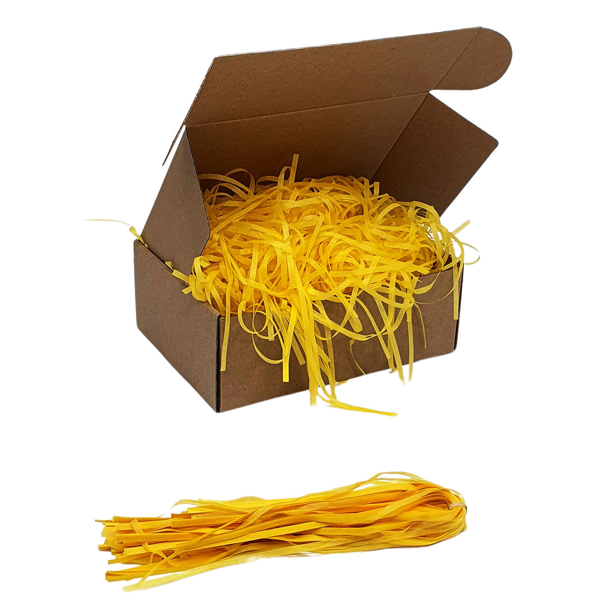 Yellow tissue paper shred filler shown in a brown box