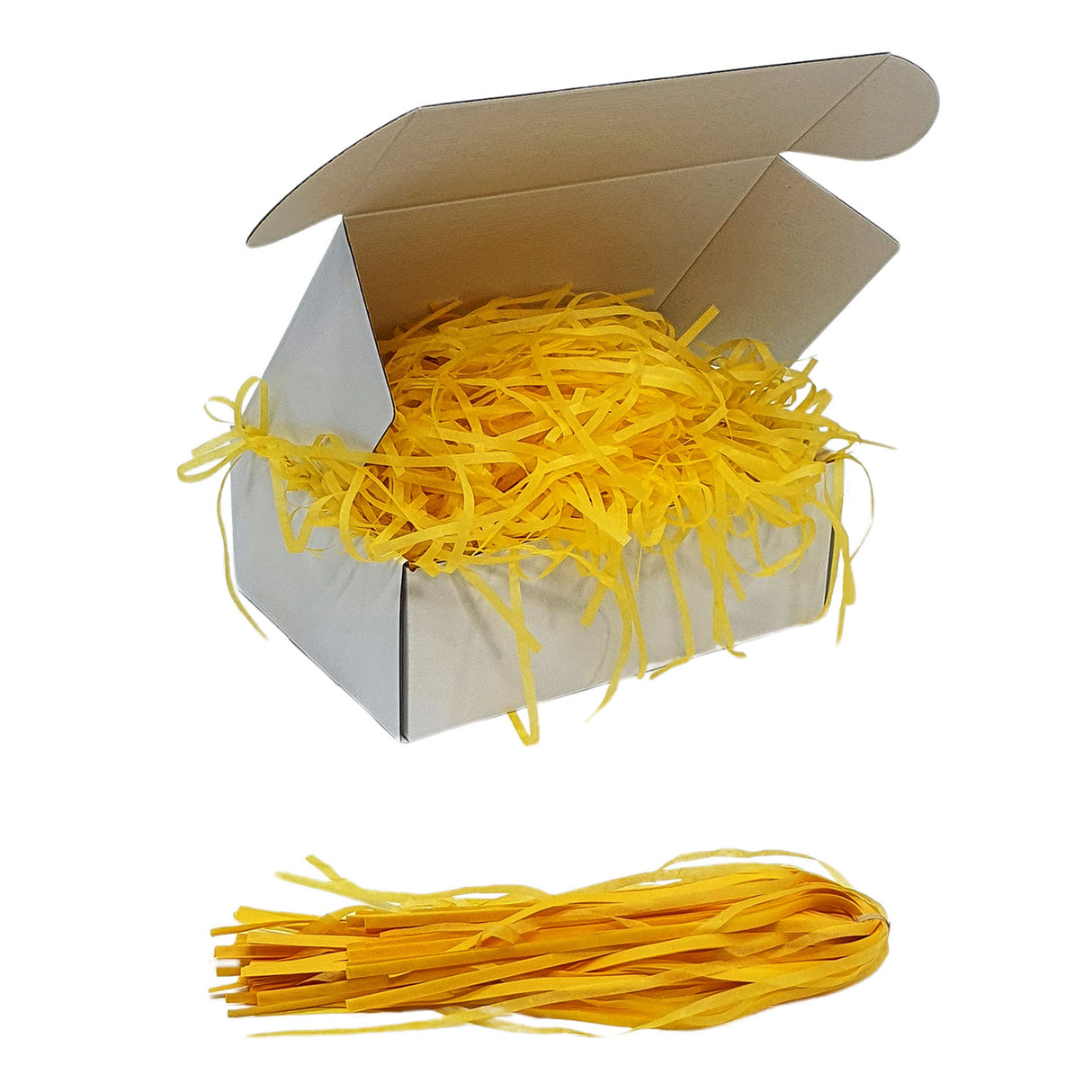 Yellow tissue shred filler displayed in a white gift box
