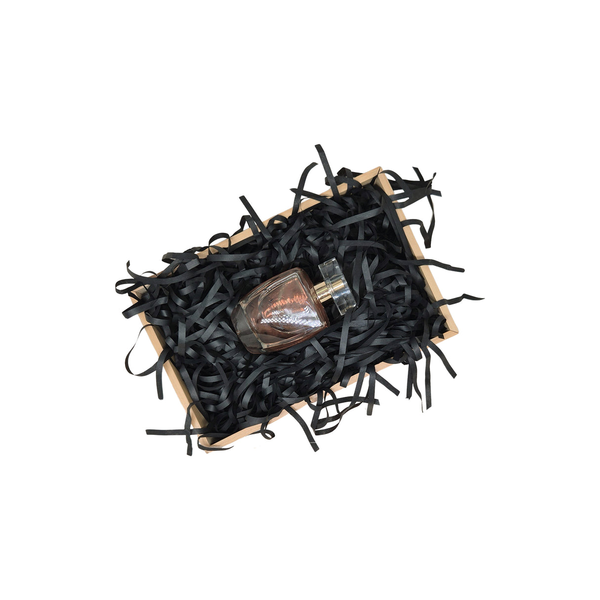 Black tissue paper filling presented in a natural gift box