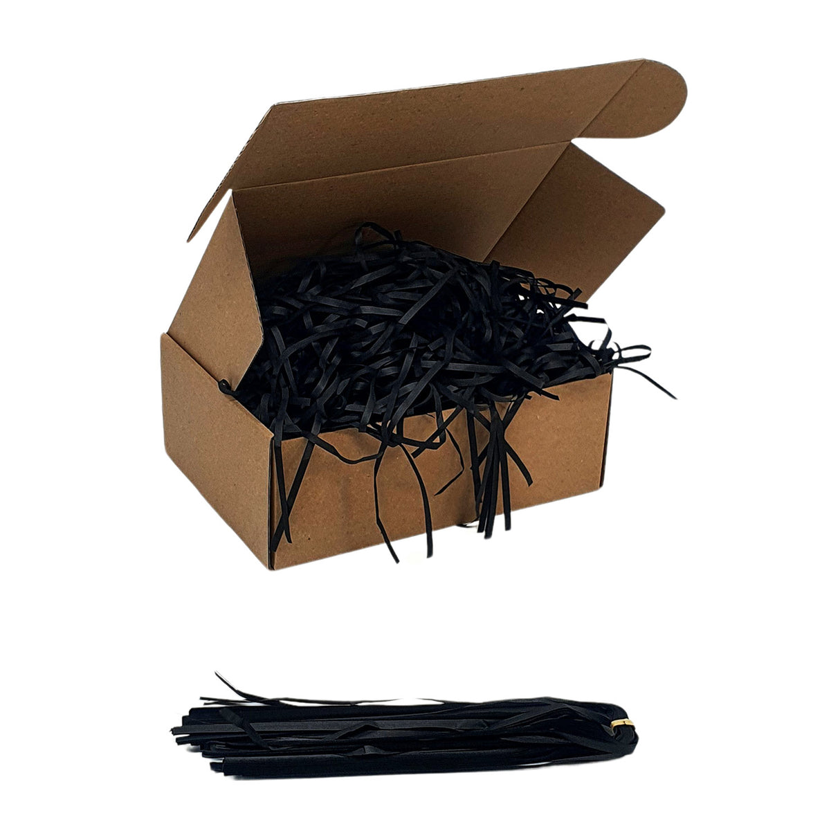 Black tissue paper shred filler shown in a brown box