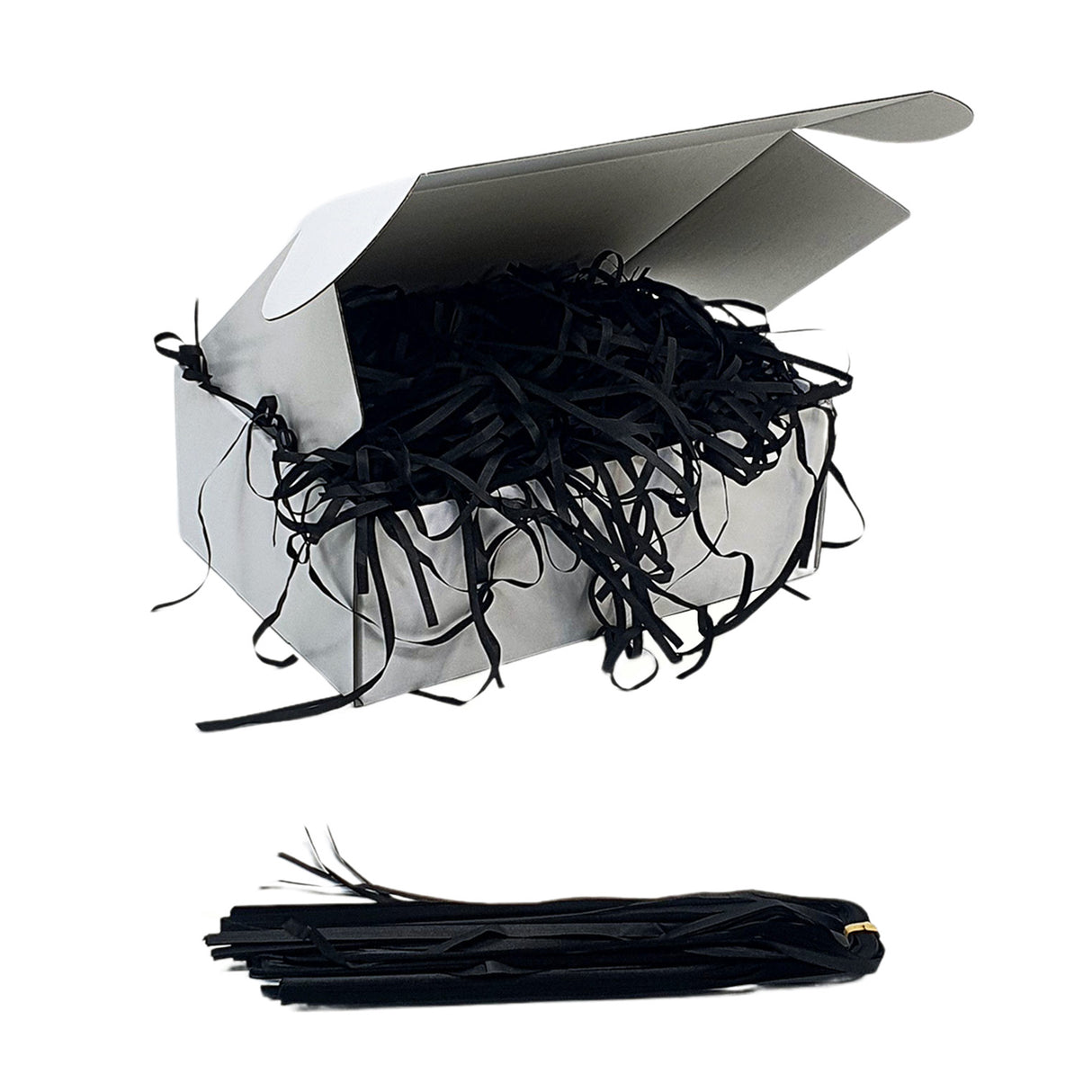 Black tissue shred filler displayed in a white gift box