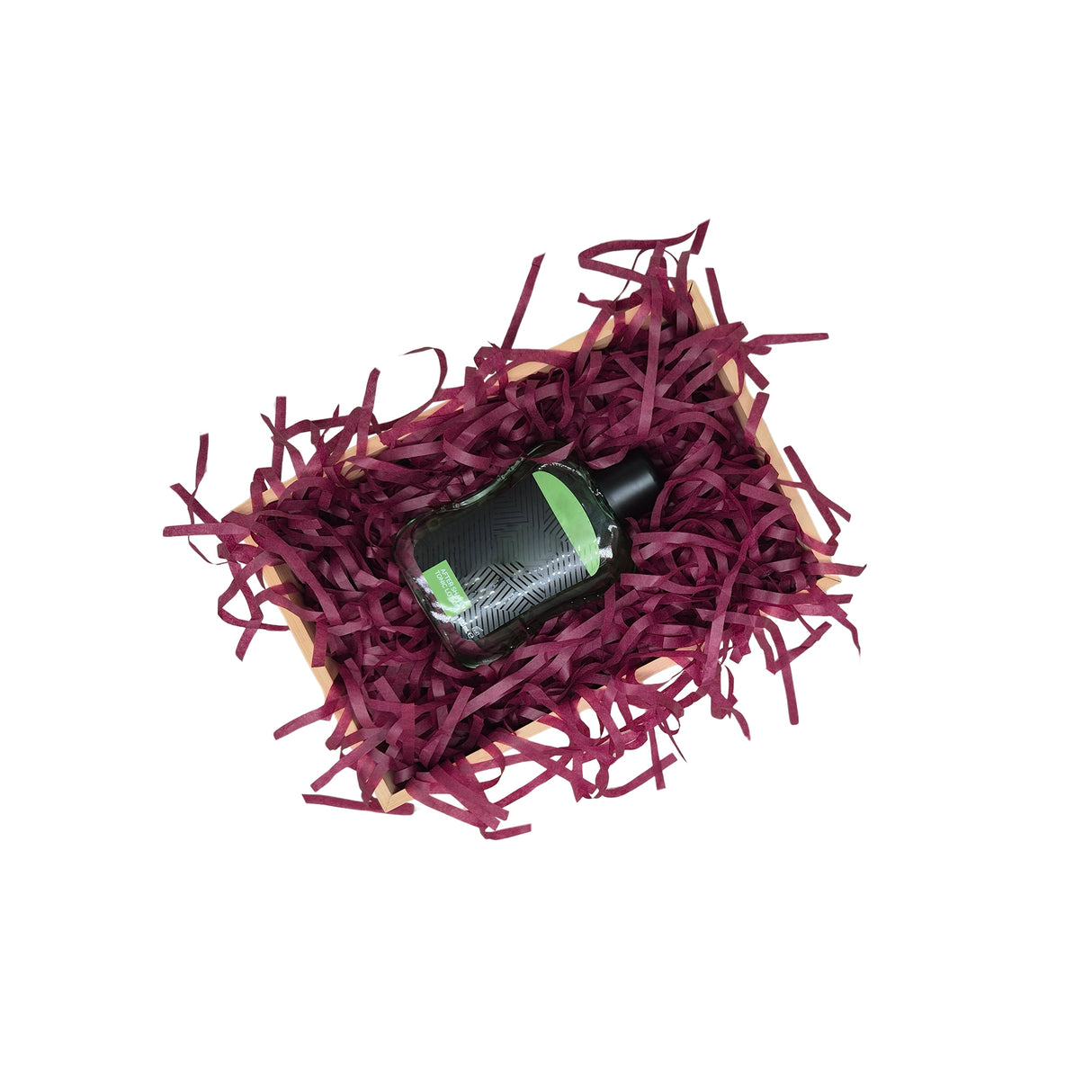 Burgundy tissue paper filling presented in a natural gift box