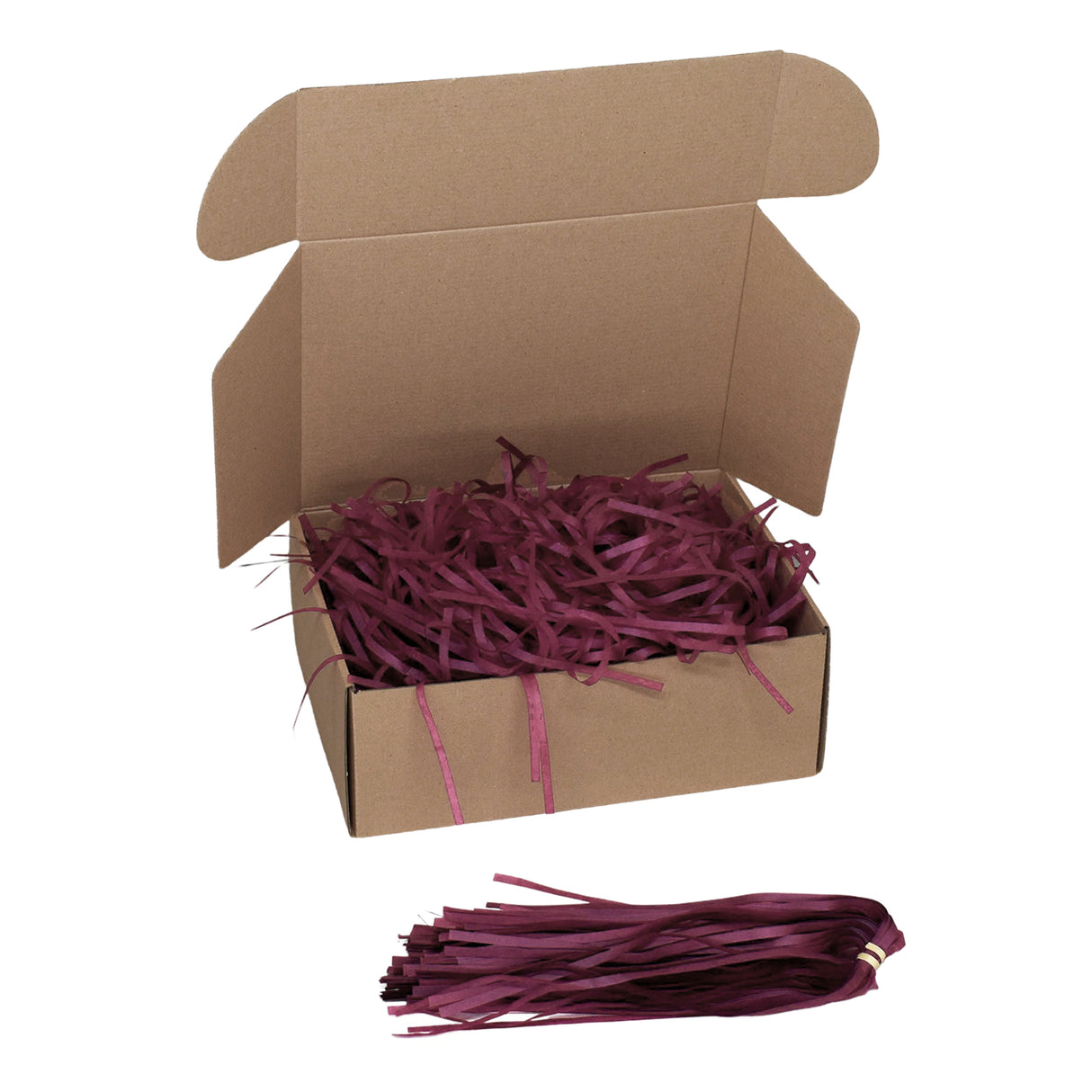 Burgundy tissue paper shred filler shown in a brown box
