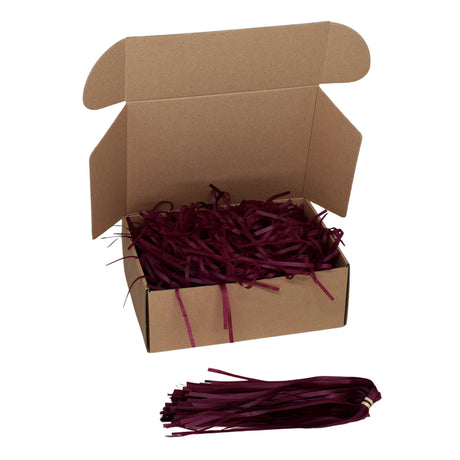 Burgundy  tissue paper shred filler shown in a brown box