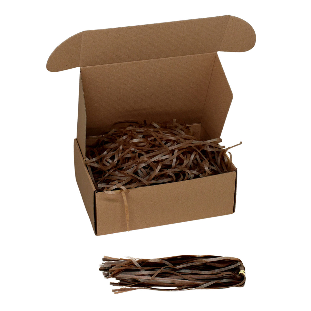 Chockolate Brown tissue paper shred filler shown in a brown box