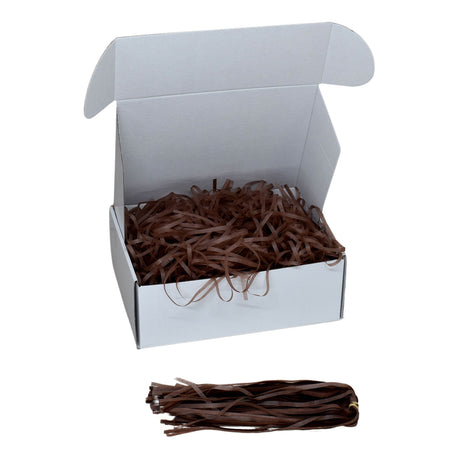 Chockolate Brown  tissue shred filler displayed in a white gift box
